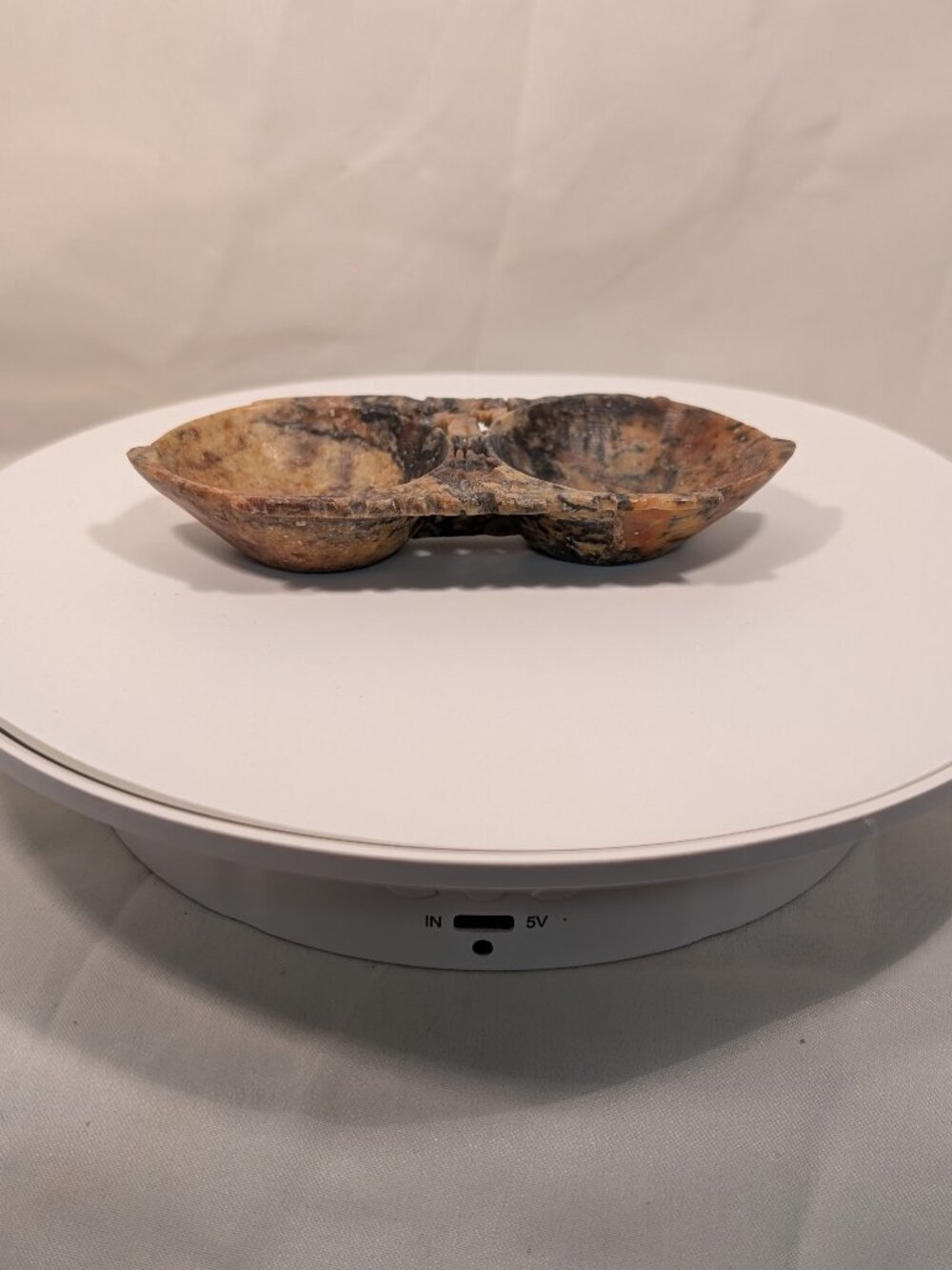 Vintage Natural Stone Double-Lobed Dish Bowl Hand Carved Polished